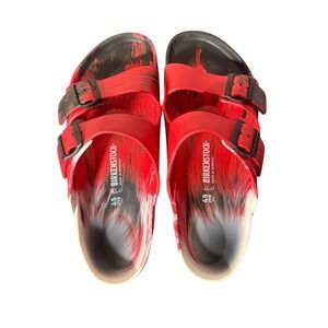 Birkenstock Arizona Sandals Men's 12 EU 45 Red Black Custom Painted Cork Footbed